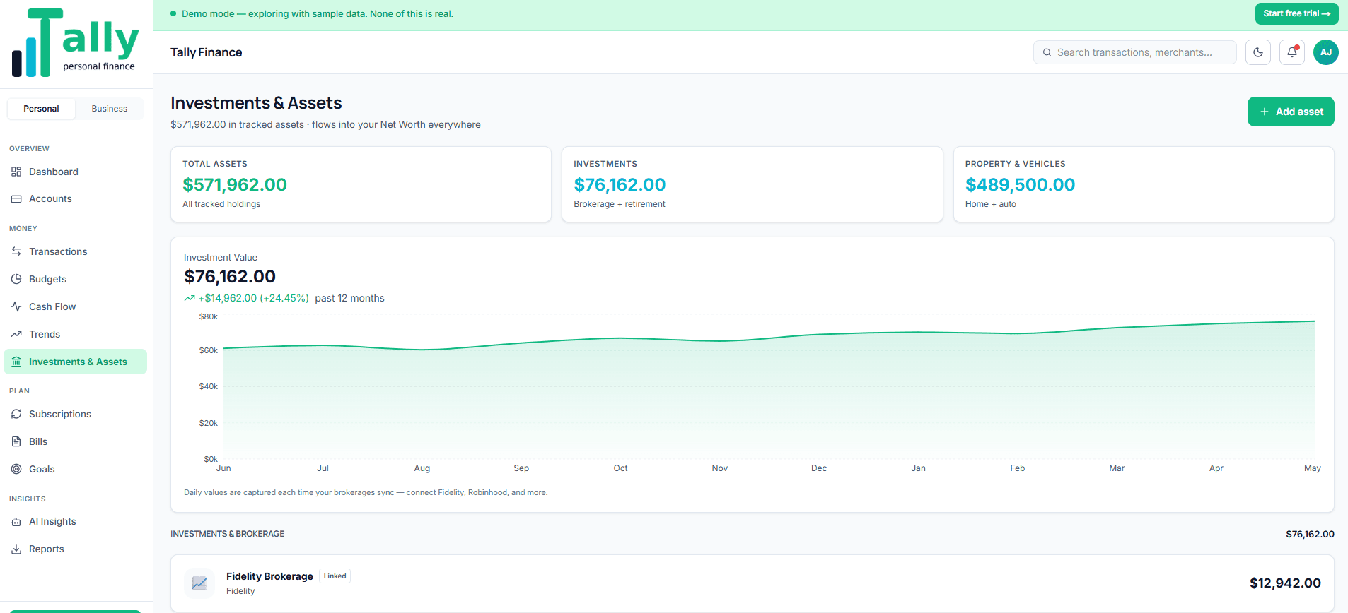 Tally Personal Finance investments and assets page — total assets, investments, property and vehicles breakdown, 12-month investment value chart