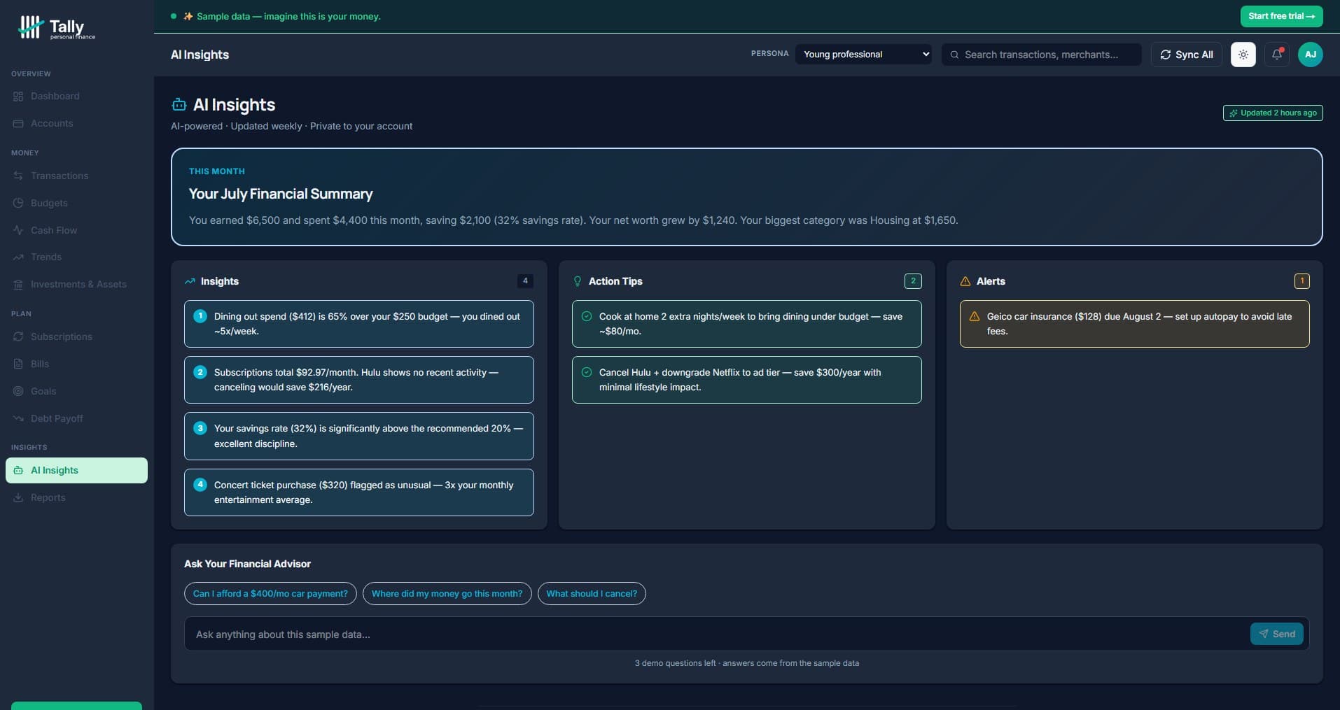 Tally Personal Finance AI Insights page — May financial summary, action tips, alerts, and Ask Your Financial Advisor chat