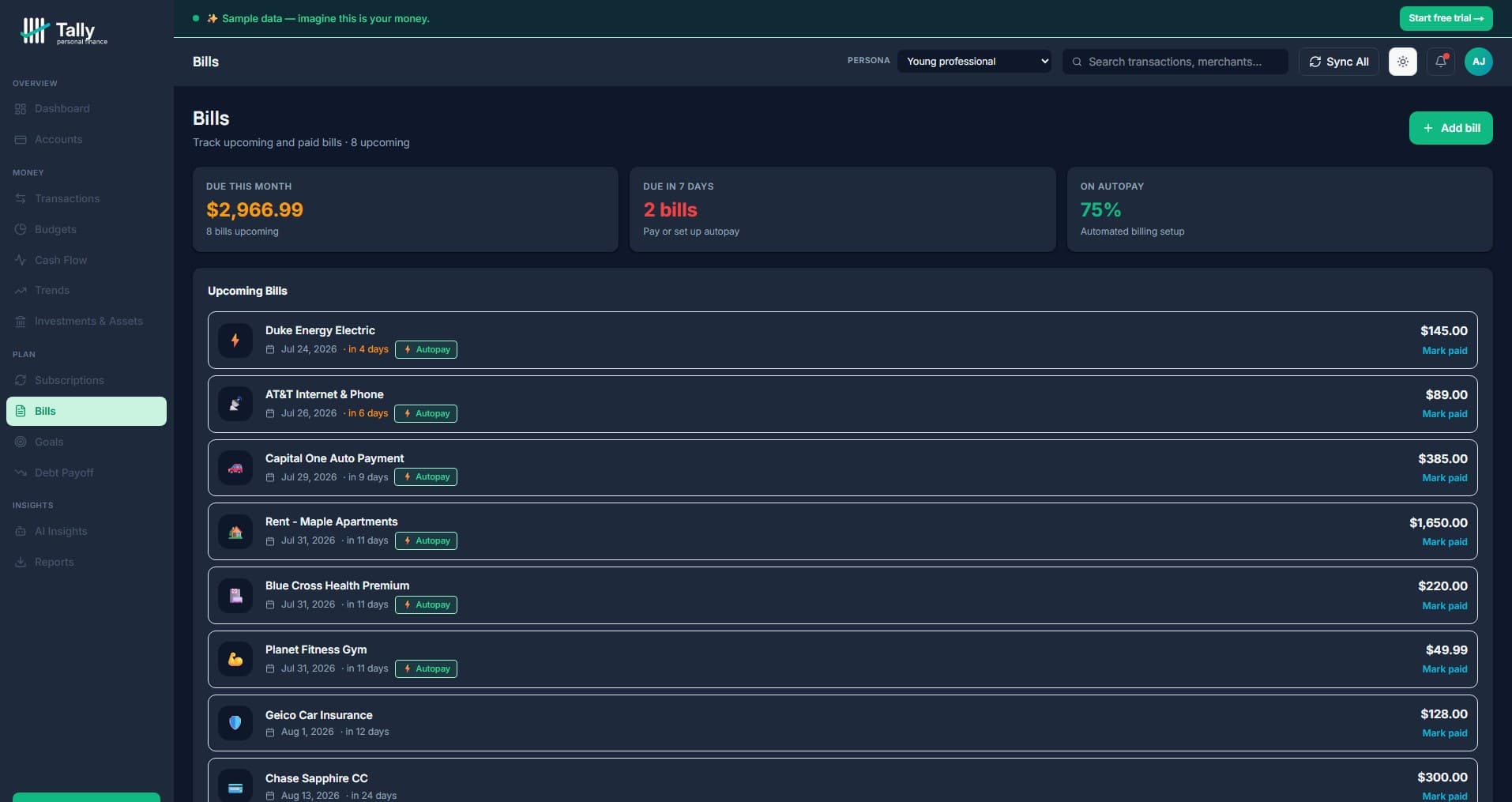 Tally Personal Finance bills page — due this month, due in 7 days, on autopay metrics, and upcoming bills list