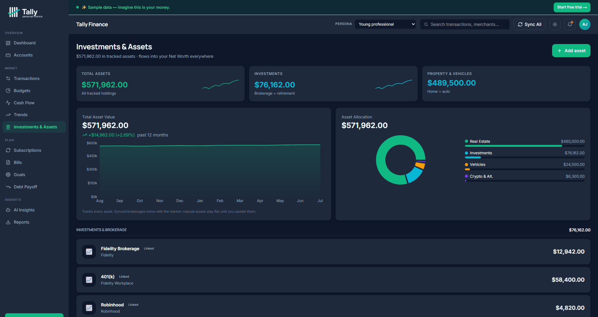 Tally Personal Finance investments and assets page — total assets, investments, property and vehicles breakdown, 12-month investment value chart