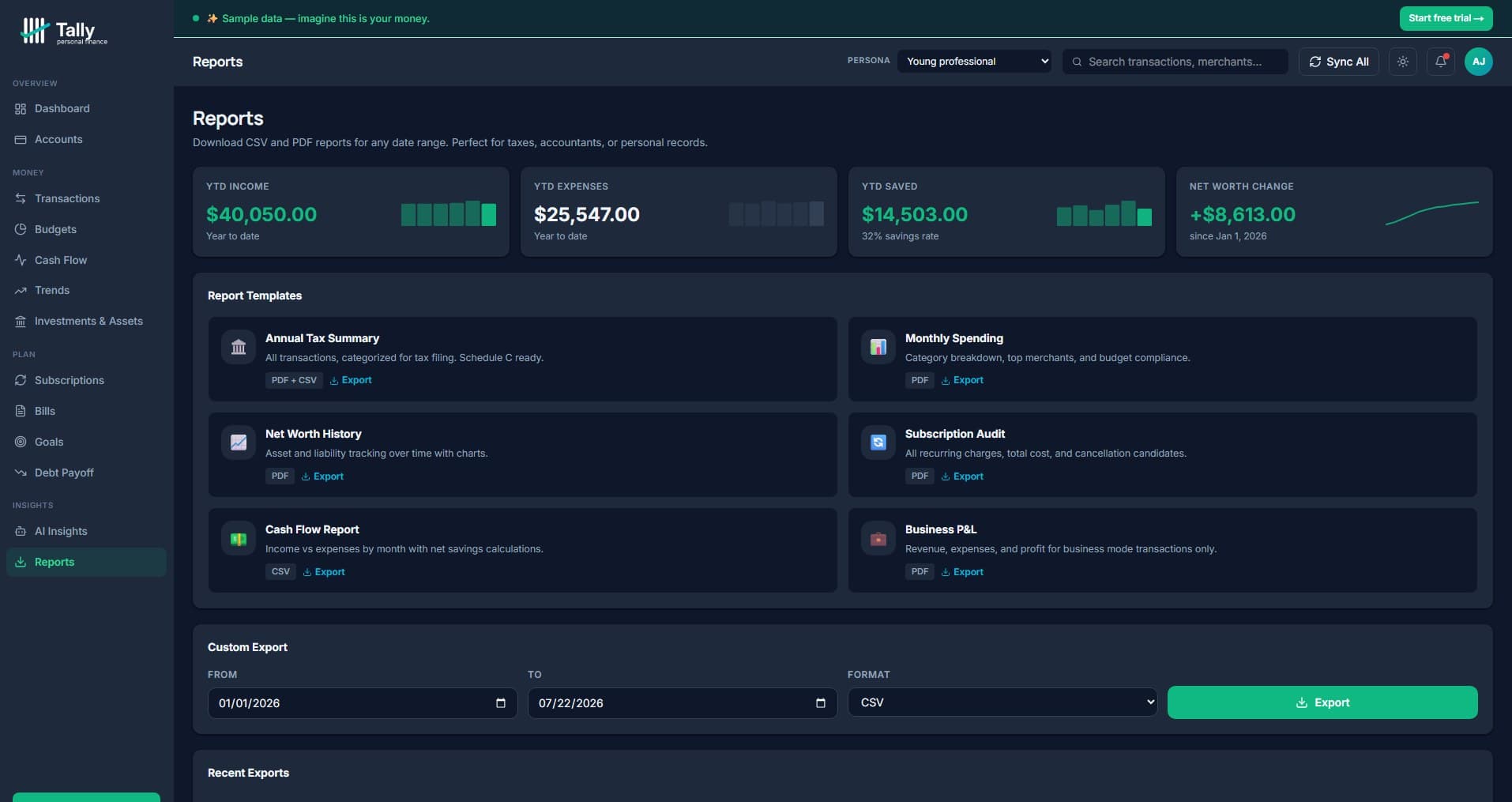 Tally Personal Finance reports page — YTD income, expenses, saved, and net-worth-change metrics with 6 prebuilt report templates