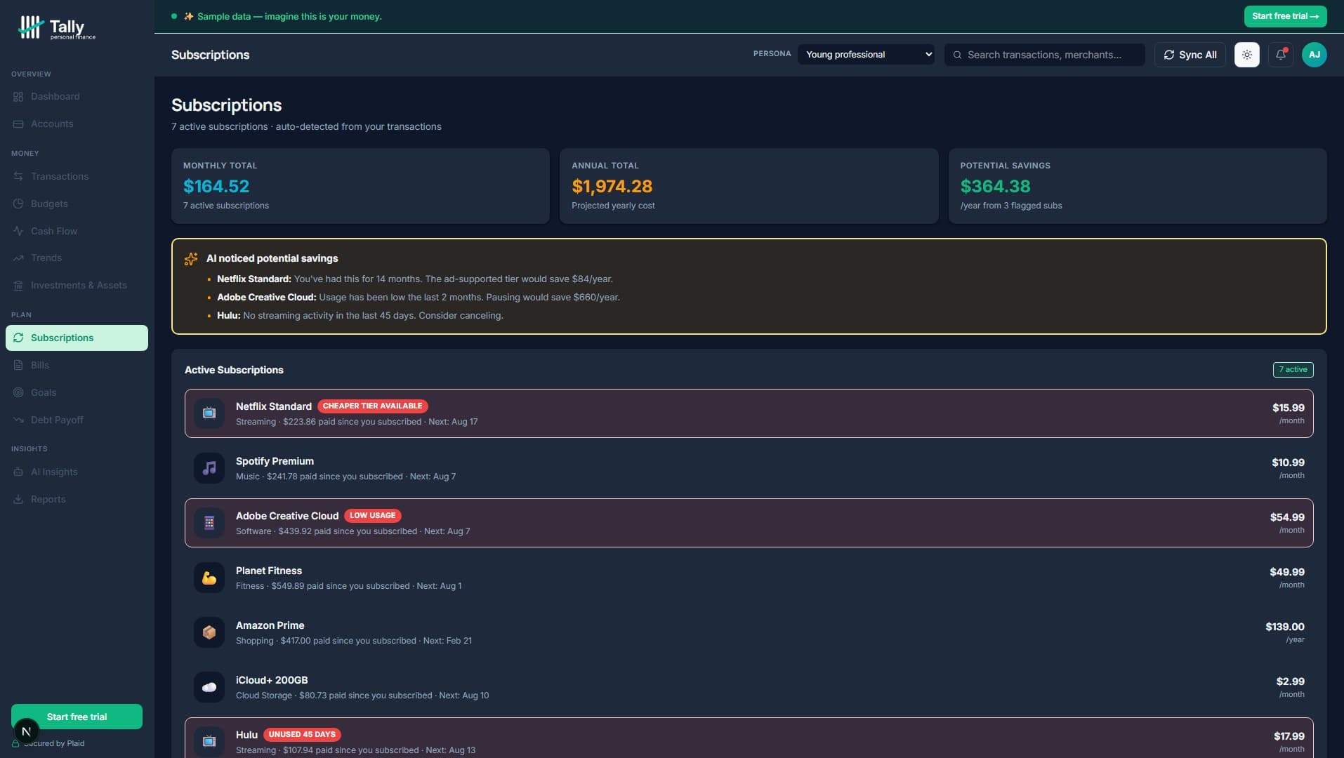 Tally Finance subscriptions screen using sample data — recurring charges detected from 90 days of transactions, with monthly cost and cancellation candidates flagged