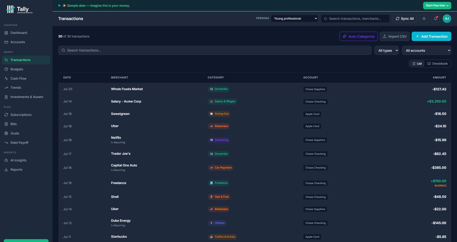 Tally Personal Finance transactions page — date, merchant, category pill, account, and amount columns